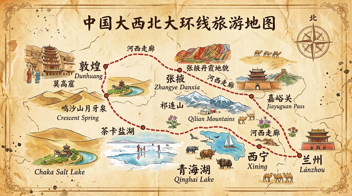 大西北大环线手绘旅游公路地图：西宁、祁连、张掖、嘉峪关、敦煌、柴达木、茶卡盐湖、青海湖